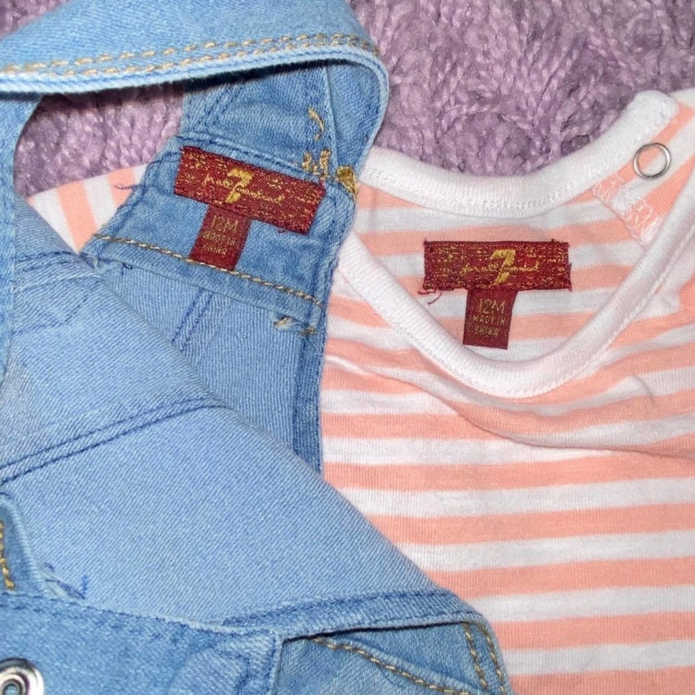 12m Seven for All Mankind Baby Girls Denim Overall Peach Stripe Shirt Outfit Set - Picture 11 of 11